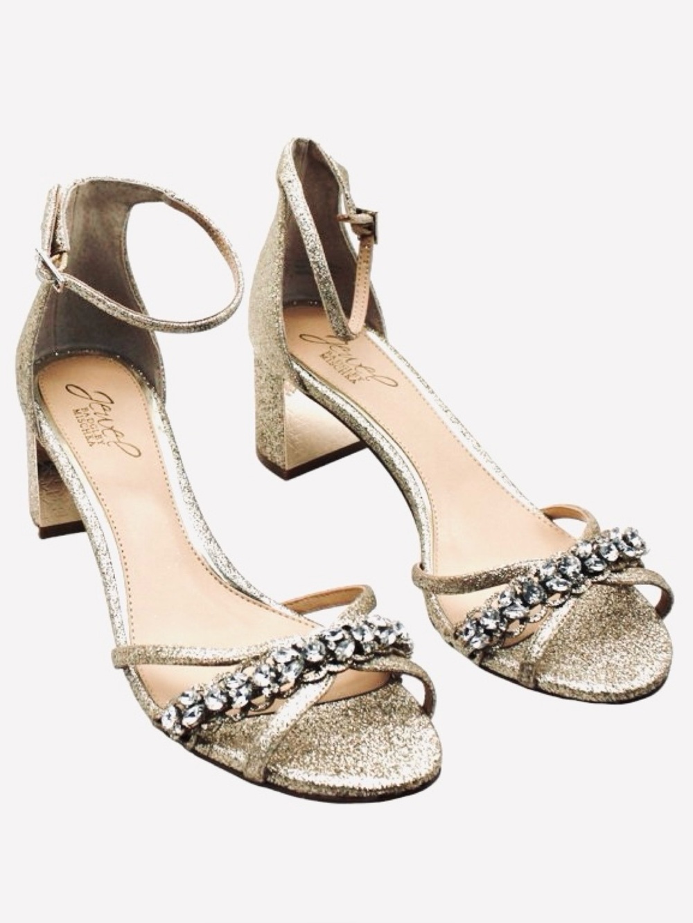 Jewel Badgley Mischka Women's Rose-Gold Glittering Evening Sandals-Size 9
